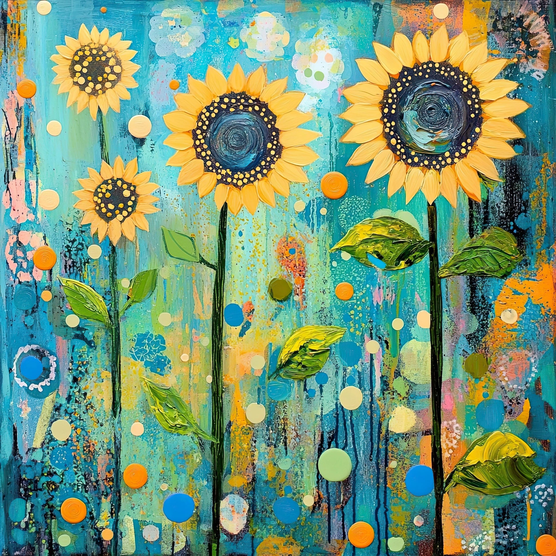 Volledig kunstwerk met drie zonnebloemen en een levendige achtergrond vol kleurrijke patronen
