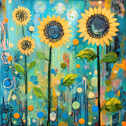 Volledig kunstwerk met drie zonnebloemen en een levendige achtergrond vol kleurrijke patronen
