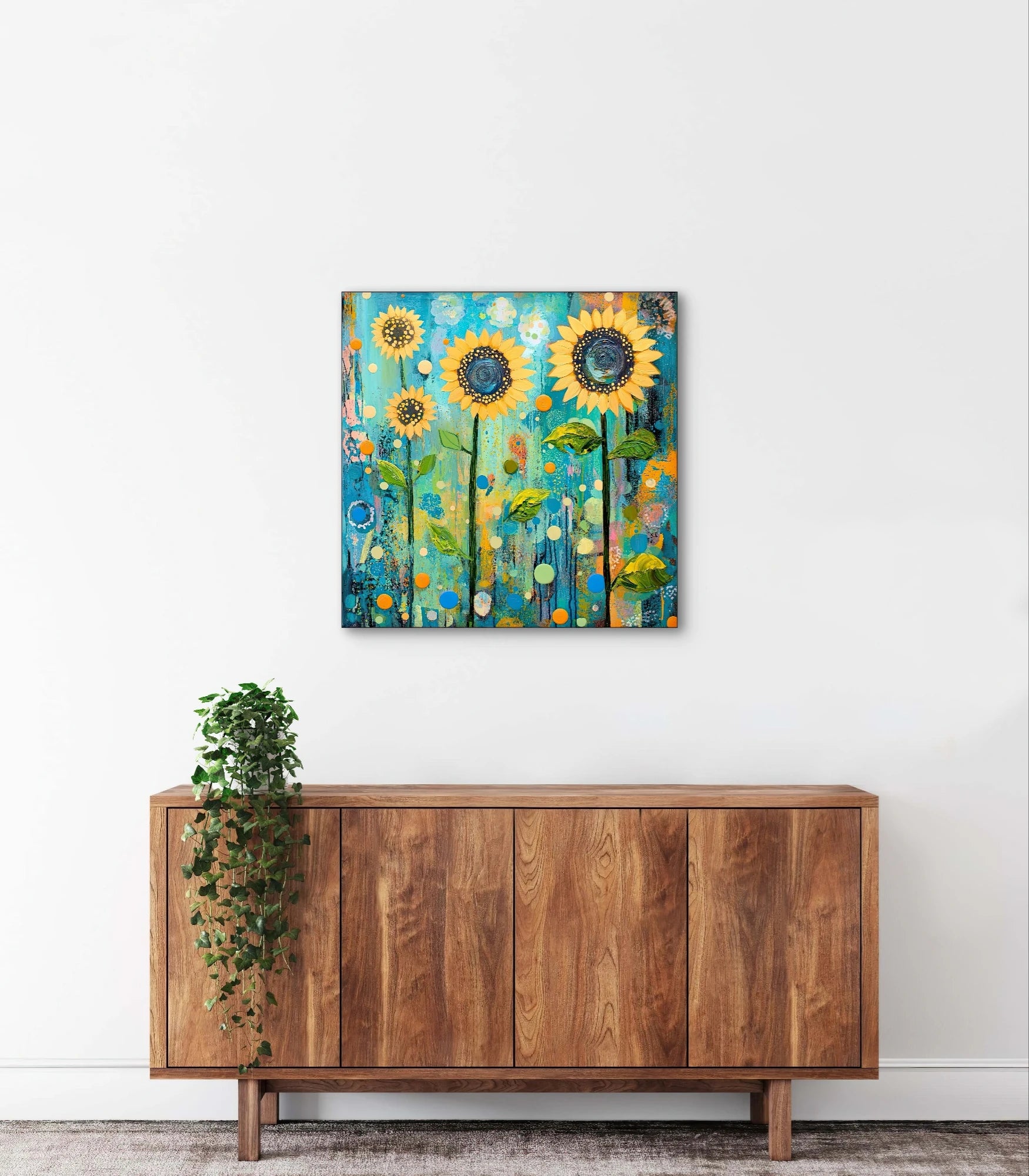 Zonnepret als wanddecoratie boven houten kast met hangplant in lichte ruimte
