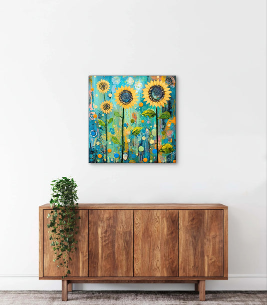 Zonnepret als wanddecoratie boven houten kast met hangplant in lichte ruimte
