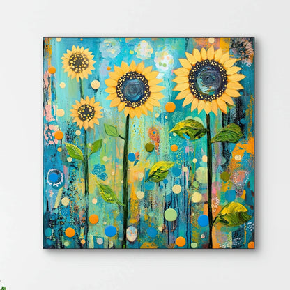 Detail van zonnebloemen en kleurrijke stippen in blauw, geel en oranje
