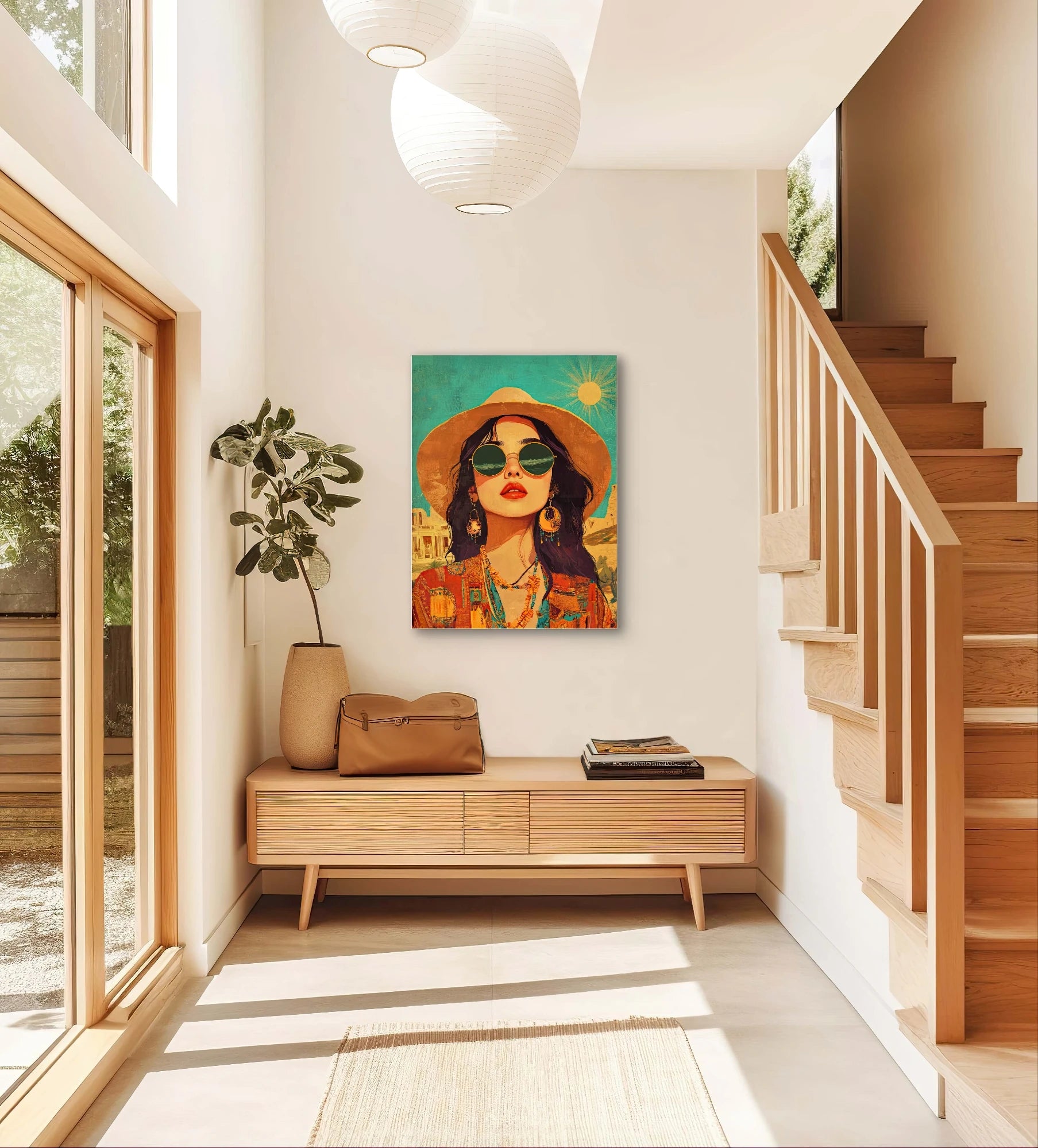 Textielkunstwerk Zonnereis boven houten bankje in lichte hal met trap en zonlicht
