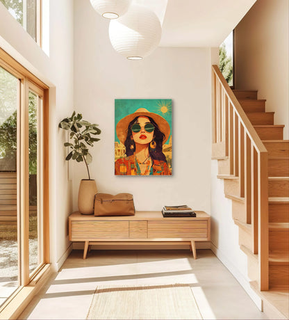 Textielkunstwerk Zonnereis boven houten bankje in lichte hal met trap en zonlicht
