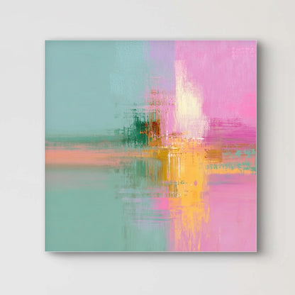 Detail van schilderij Zonnespiegeling met levendige penseelstreken in roze en goudgeel
