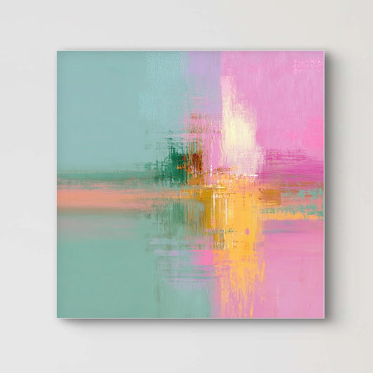 Detail van schilderij Zonnespiegeling met levendige penseelstreken in roze en goudgeel
