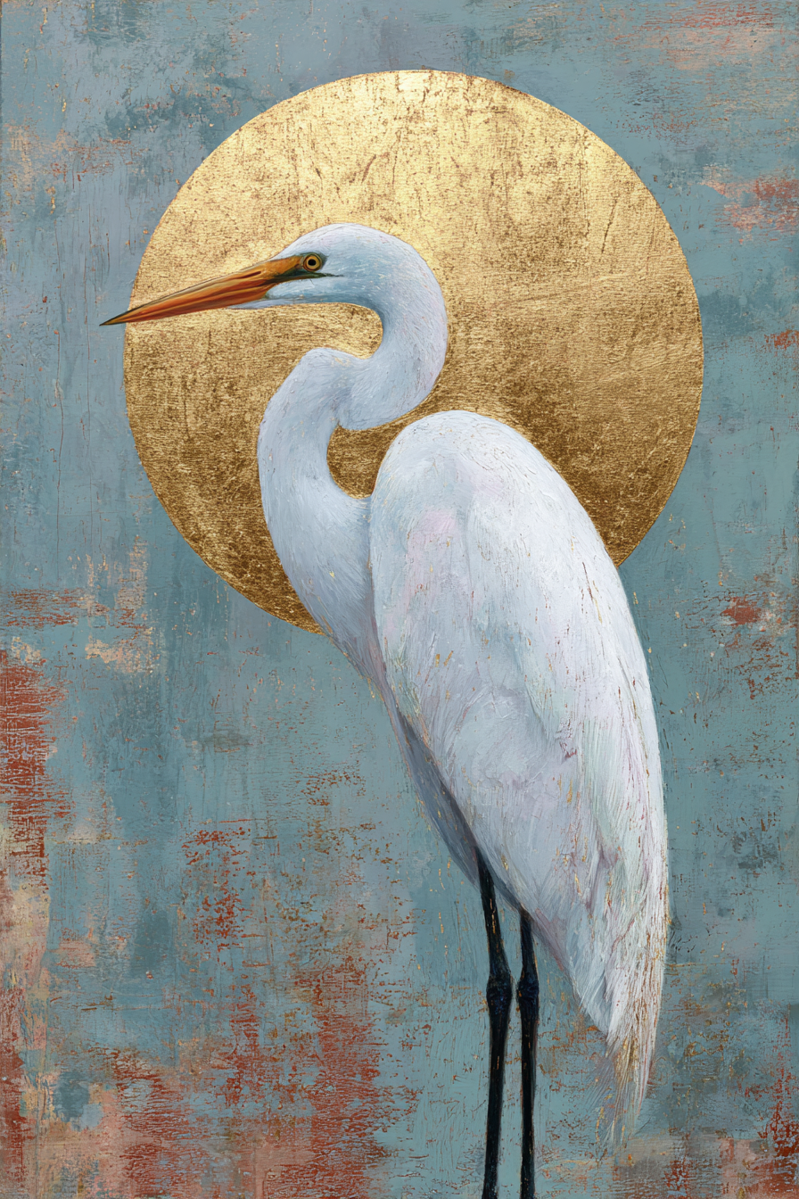 Volledige weergave van Zonnewacht met witte reiger en gouden zonvorm op achtergrond  
