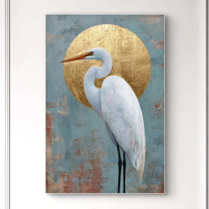 Detailopname van Zonnewacht met reiger voor gouden cirkel  
