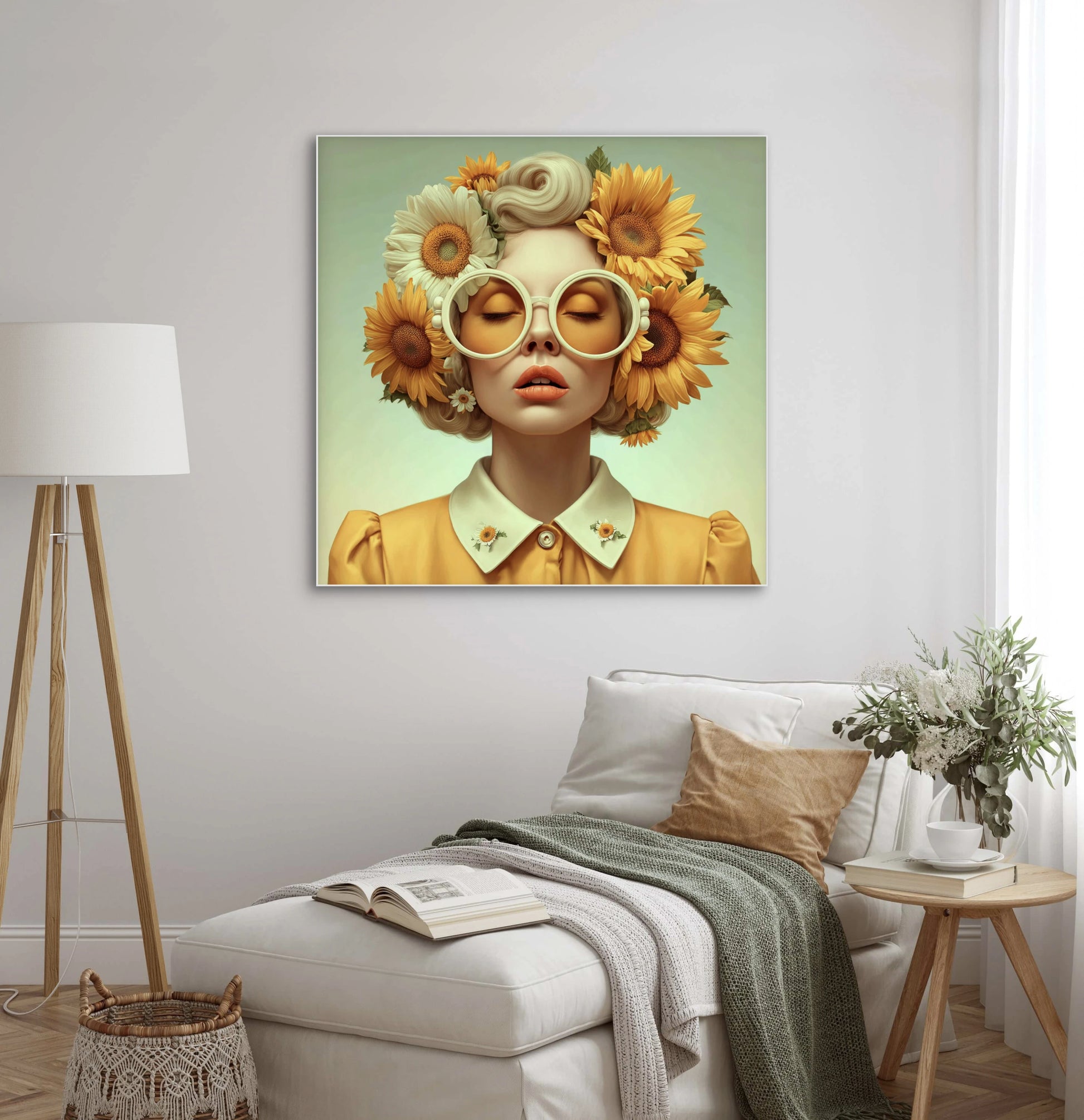 Zonnezin wandkunst in licht interieur met warme kleuren en natuurlijke lichtval
