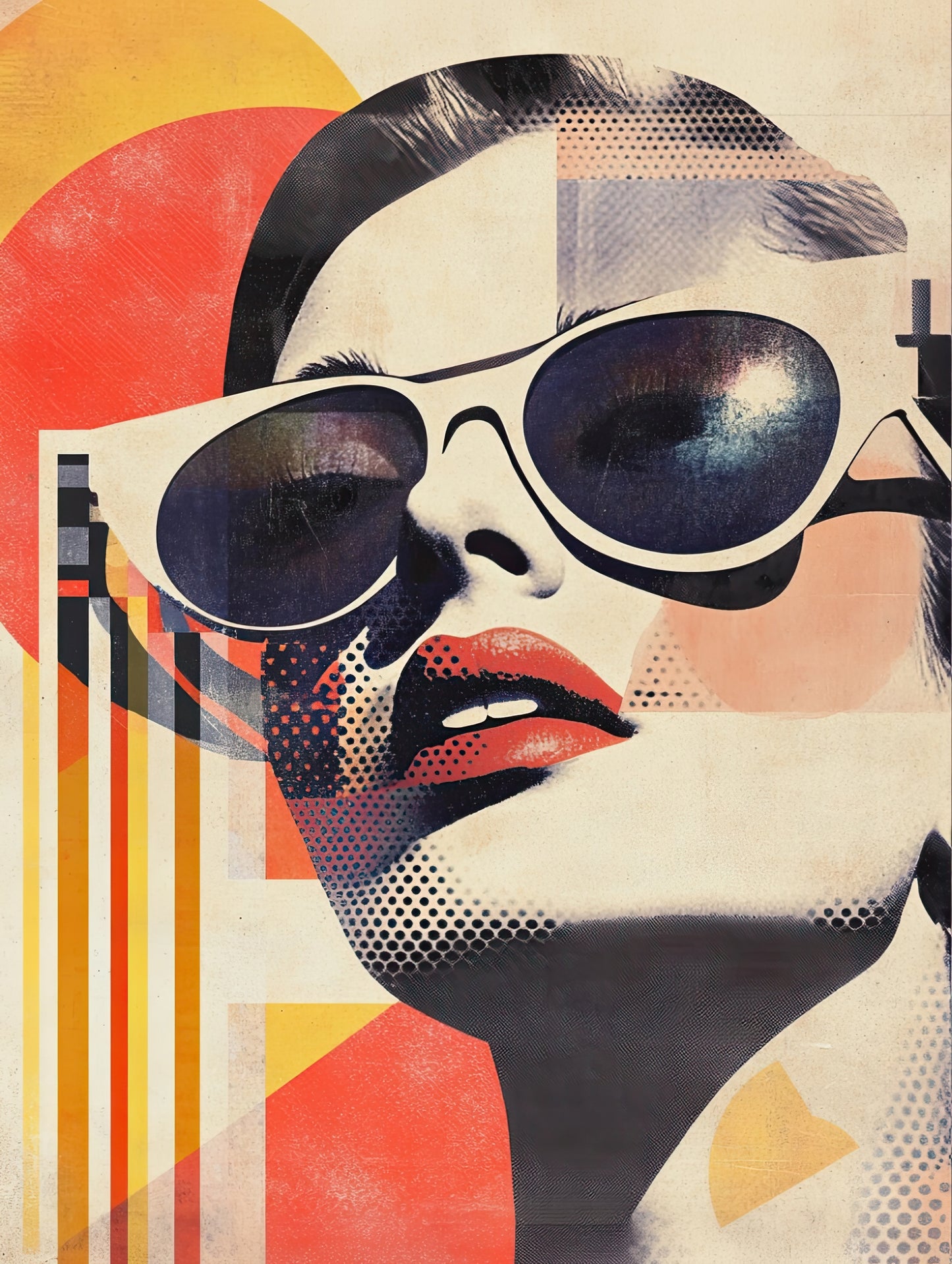 Volledige weergave van Zon op Vinyl, retro portret met pop-art stijl en warme kleuren
