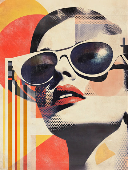 Volledige weergave van Zon op Vinyl, retro portret met pop-art stijl en warme kleuren
