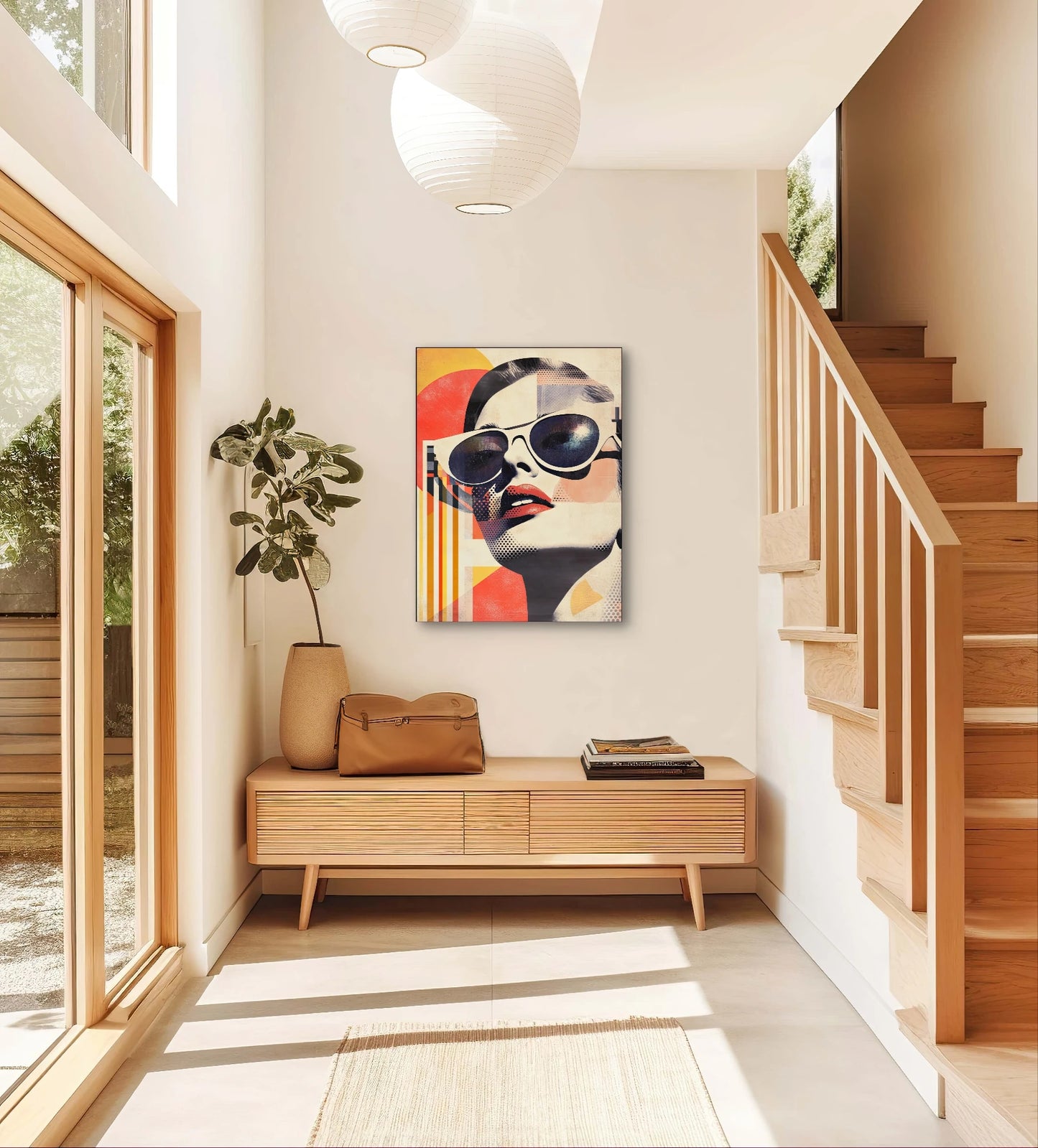 Textielkunstwerk Zon op Vinyl boven houten bankje in zonnige hal met trap en planten
