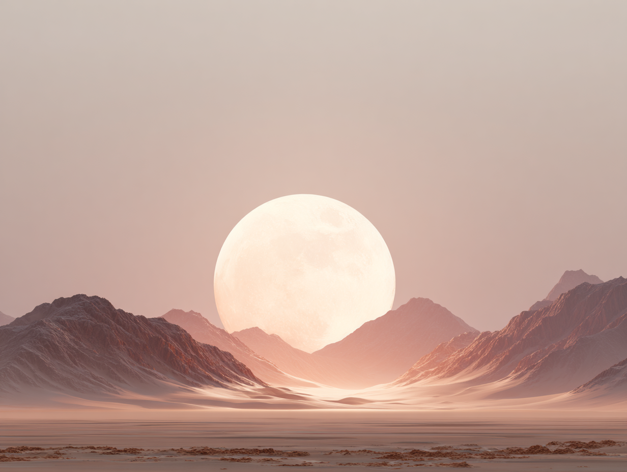 Minimalistisch landschap met ondergaande zon boven bergen in aardse tinten  
