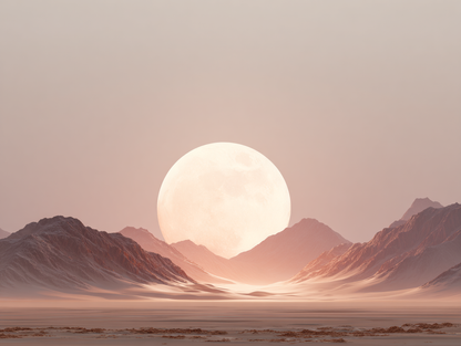 Minimalistisch landschap met ondergaande zon boven bergen in aardse tinten  
