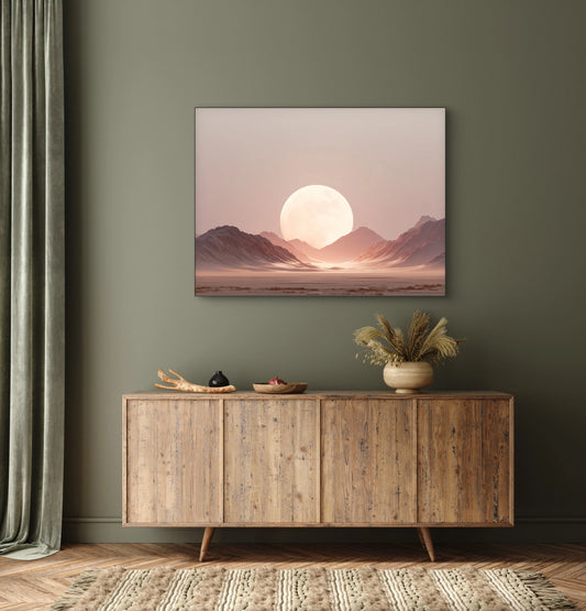 Kunstwerk met grote zon boven bergen in warme roze en kopertinten in woonkamer met groene muur  
