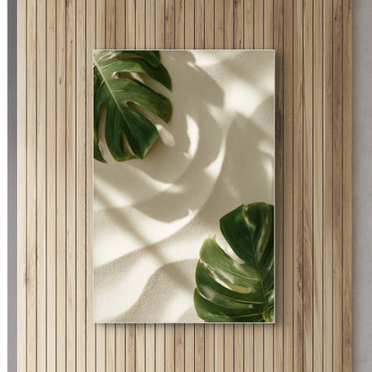 Detail van Zonspoor, groene bladeren met zachte lichtschaduw op een lichte achtergrond
