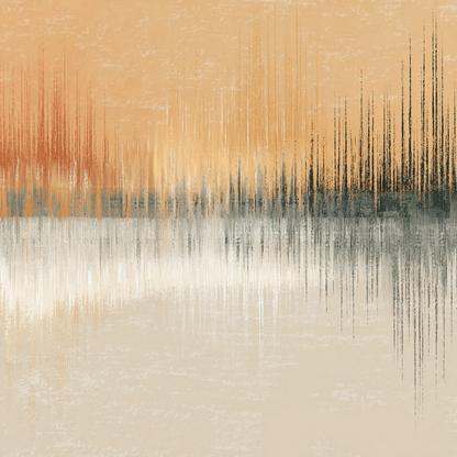 Volledig kunstwerk Zonstilte met abstracte compositie in goud, beige en grijs met reflectieve lijnen 
