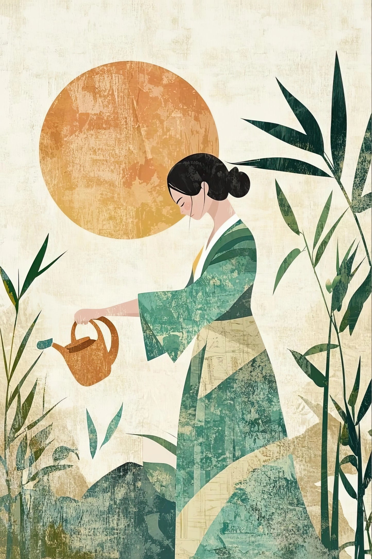 Illustratie van vrouw in Japanse stijl die water geeft aan planten bij een opkomende zon, met warme en groene tinten
