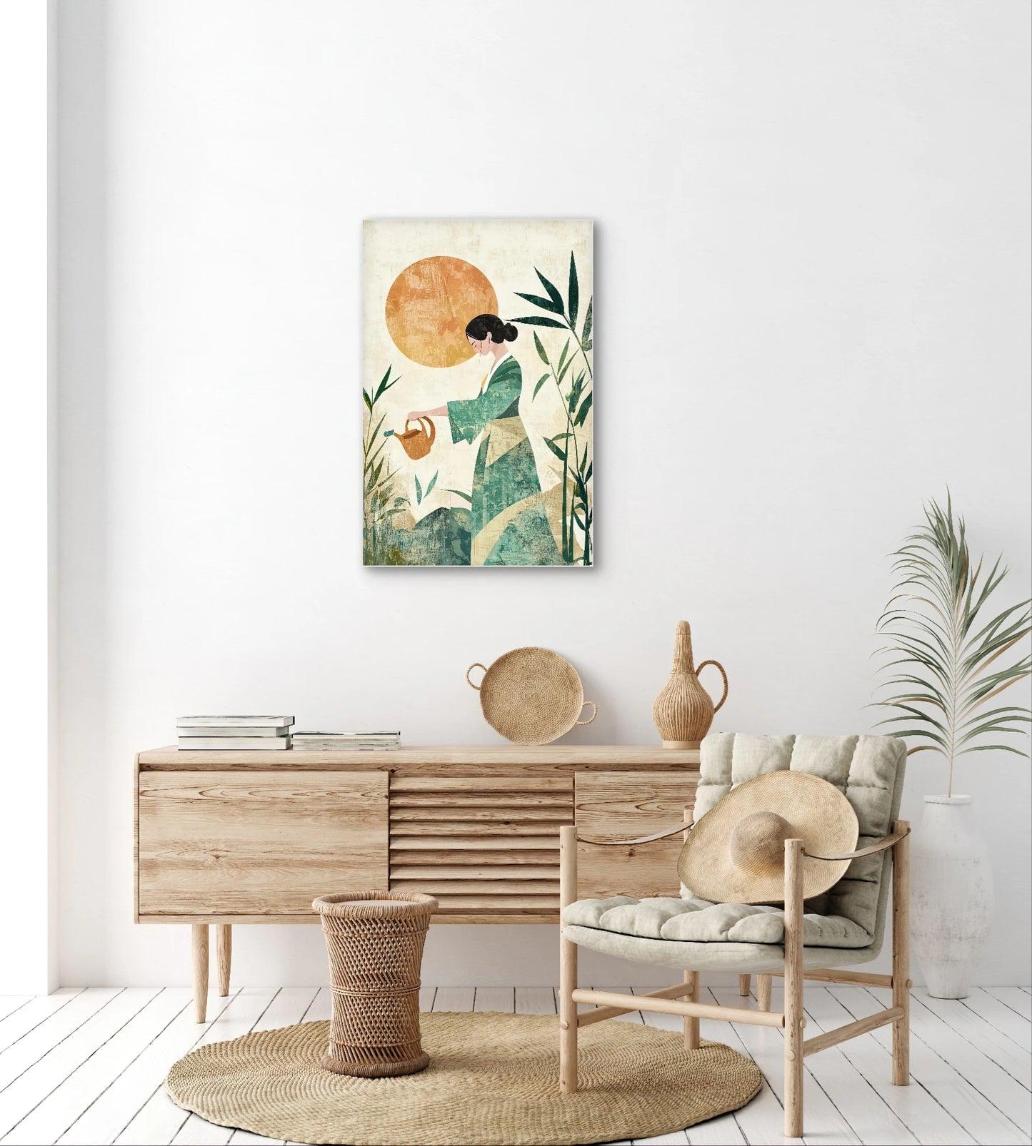 Kunstwerk met Japanse vrouw in groene kimono die planten water geeft in een minimalistisch, licht interieur met houten accenten
