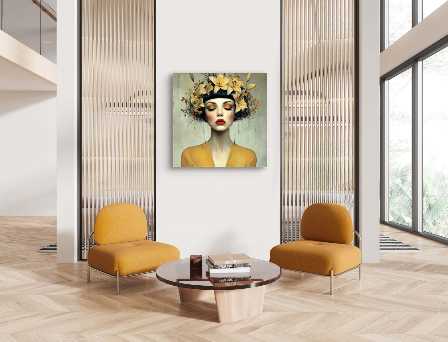 Zonvlam wandkunst in modern interieur met warme tinten en zachte lichtval
