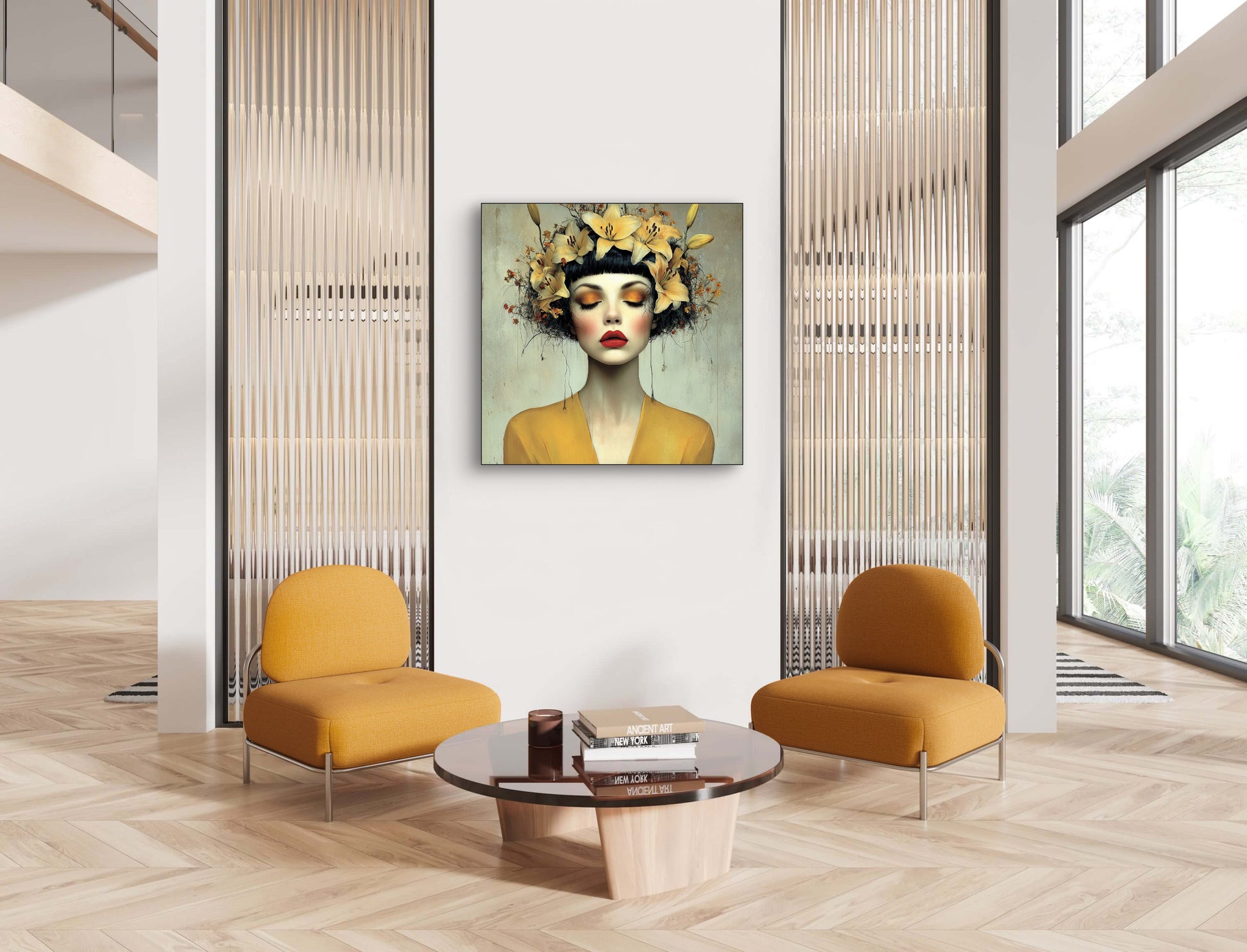 Zonvlam wandkunst in modern interieur met warme tinten en zachte lichtval
