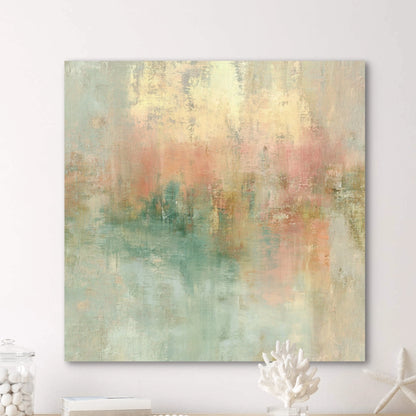 Detail van schilderij Zonvloed met zachte overgangen in goud, roze en groen
