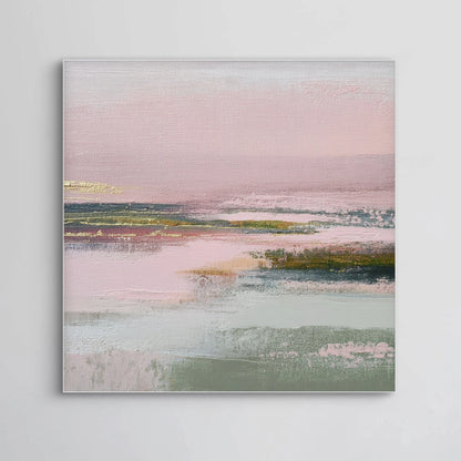 Detail van penseelstreken in roze, saliegroen en goud uit het kunstwerk Zucht van Dageraad
