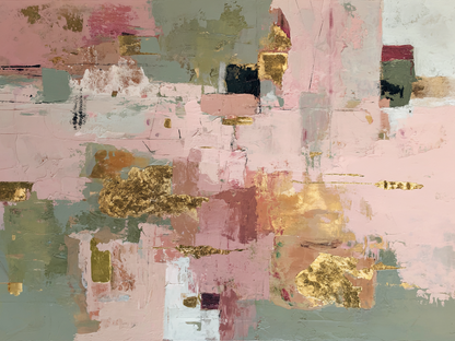 Volledig kunstwerk Zucht van Licht met abstracte compositie in roze, groen en goudtinten 
