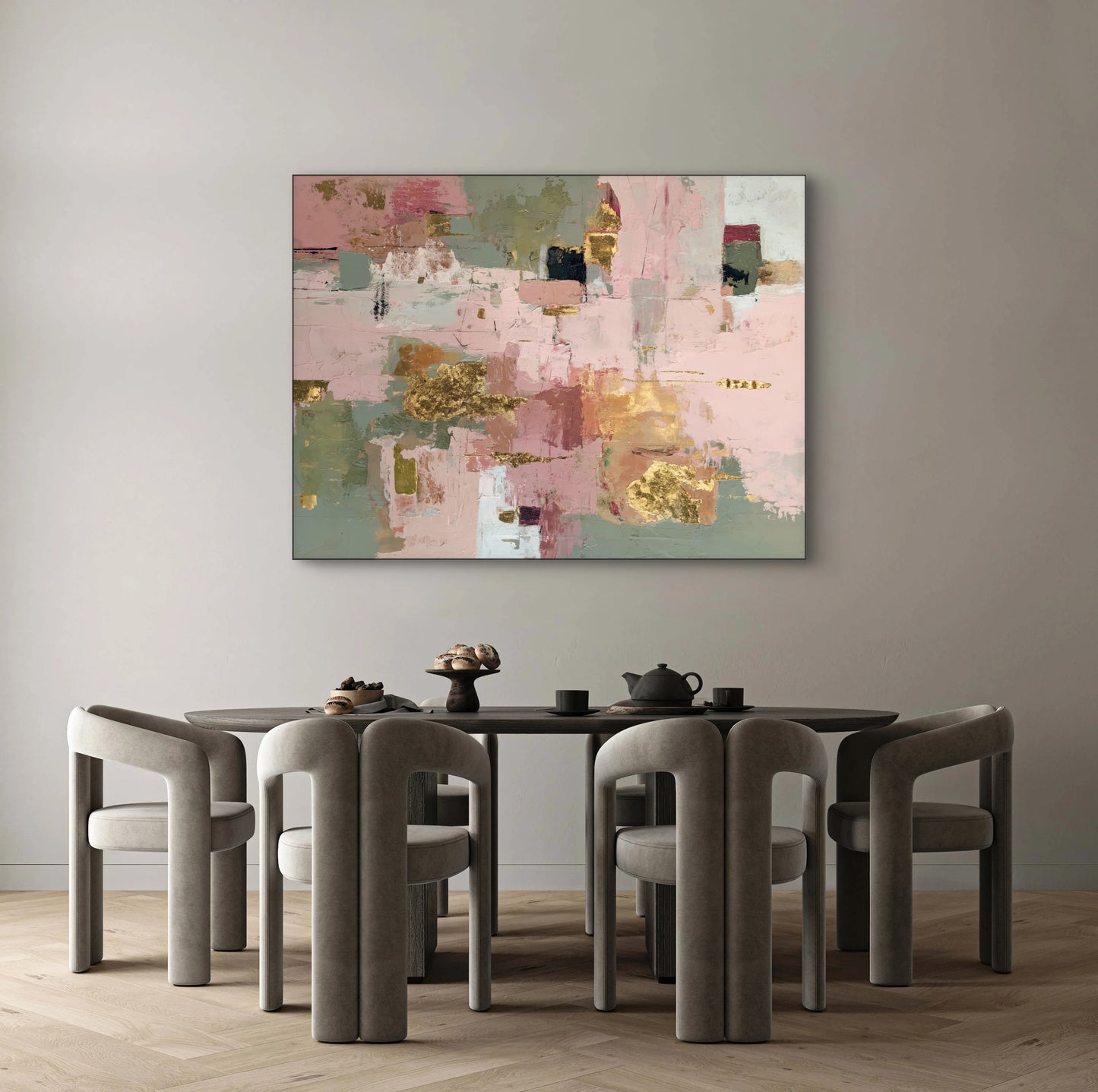  Mock-up van kunstwerk Zucht van Licht aan de muur in modern interieur met zachte tinten 
