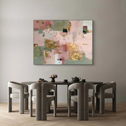  Mock-up van kunstwerk Zucht van Licht aan de muur in modern interieur met zachte tinten 
