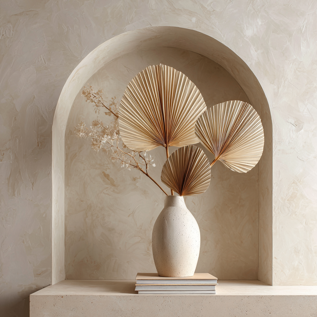 Volledig kunstwerk Zucht van Zand met minimalistisch stilleven in zachte zandtinten 
