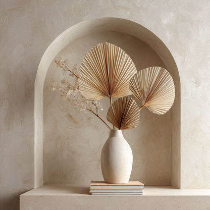 Volledig kunstwerk Zucht van Zand met minimalistisch stilleven in zachte zandtinten 
