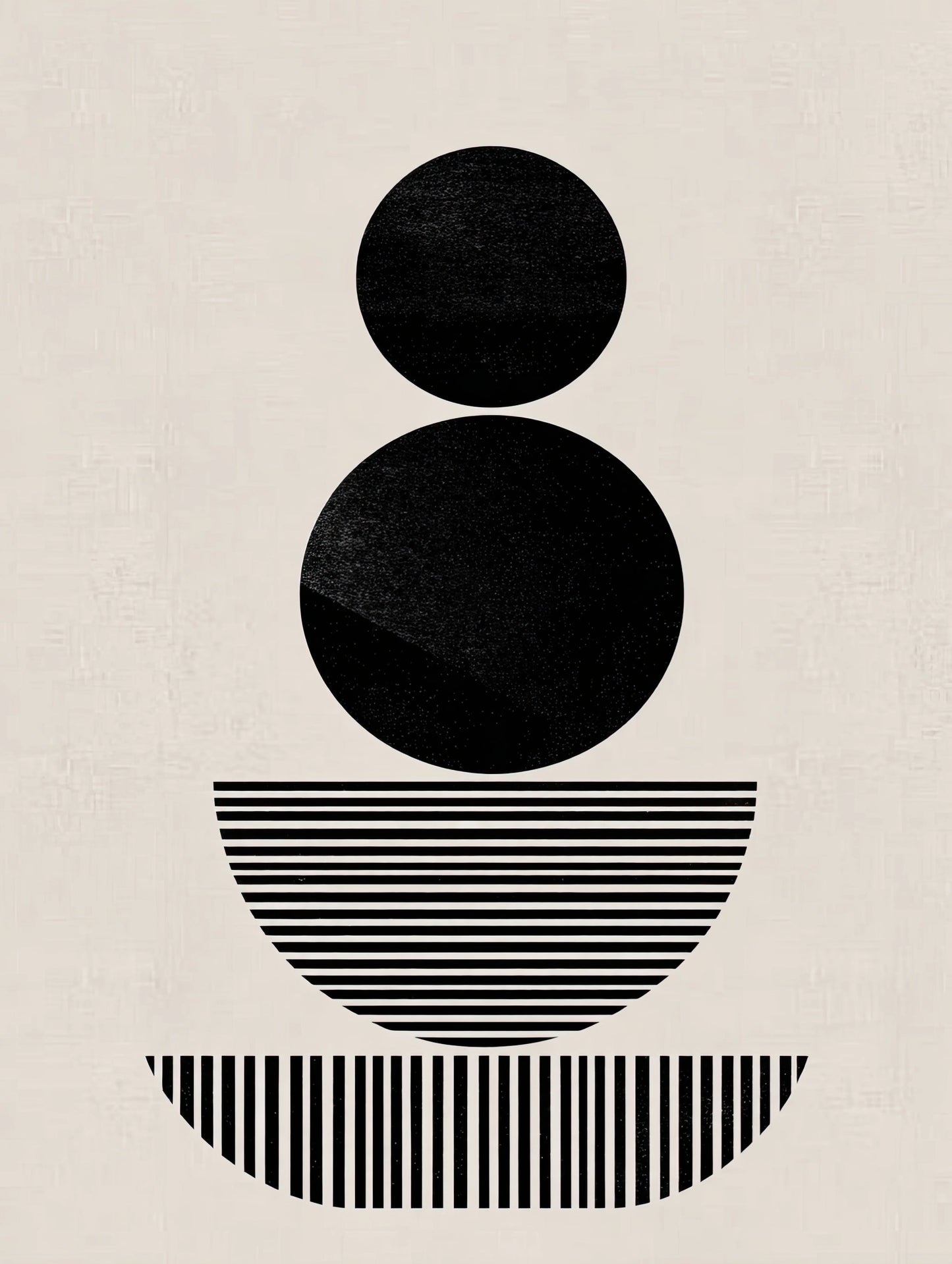 Volledig textielkunstwerk met geometrische zwarte vormen en strepen op een lichte achtergrond
