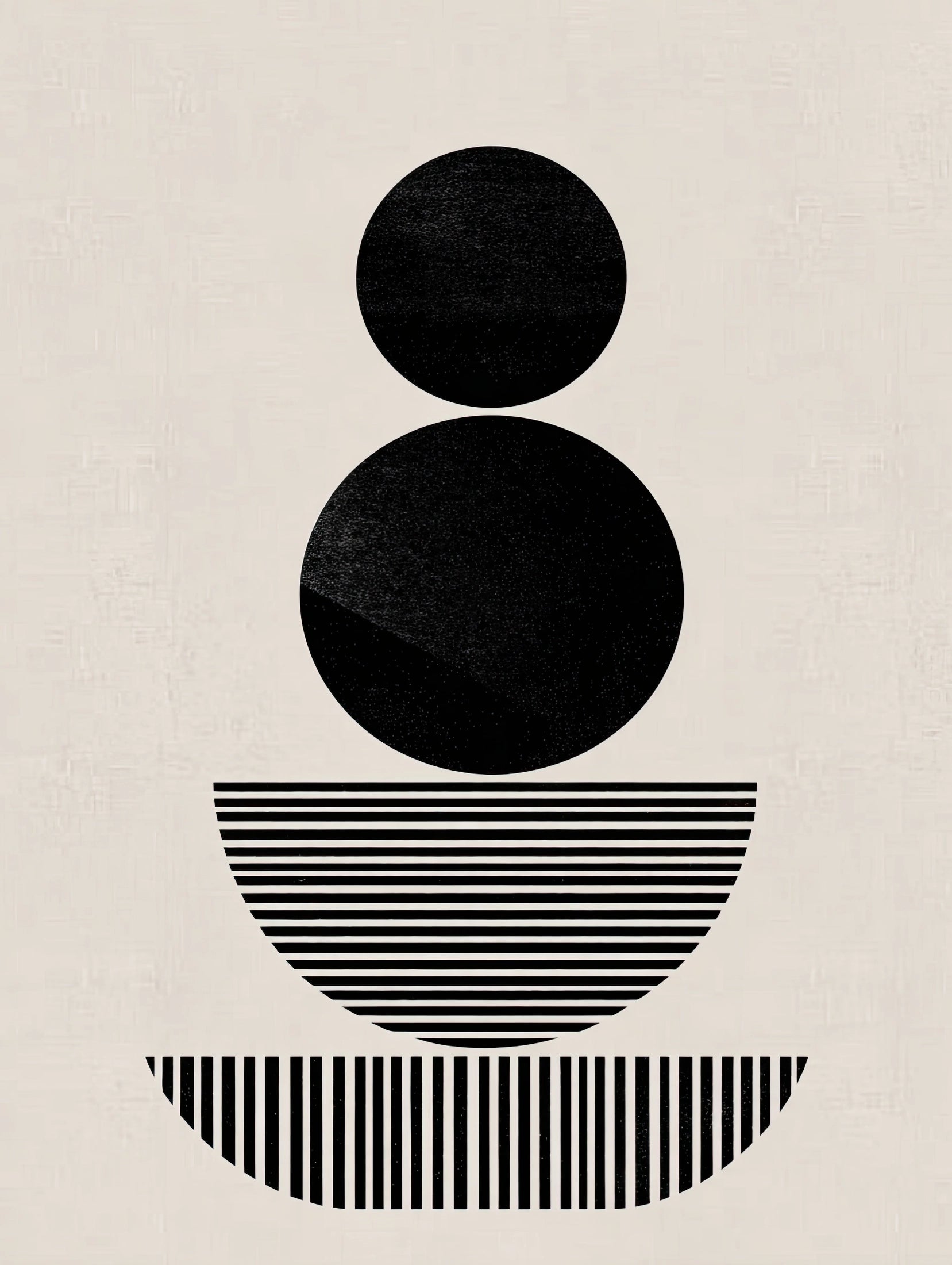 Volledig textielkunstwerk met geometrische zwarte vormen en strepen op een lichte achtergrond
