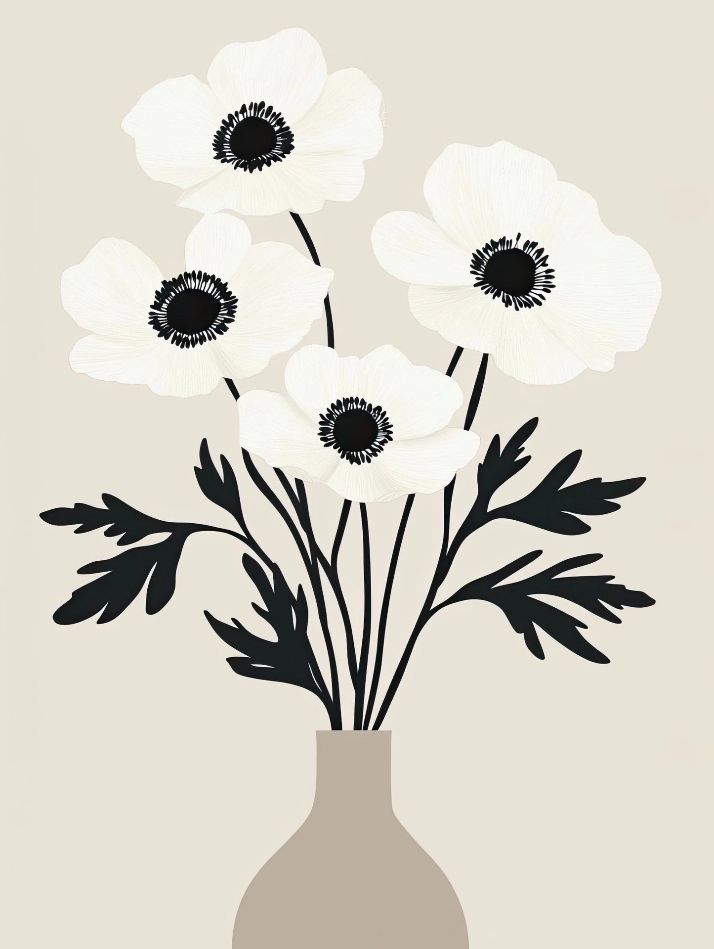 Volledige weergave van “Zwart-Wit Bloei” met vijf bloemen in een eenvoudige vaas op beige achtergrond
