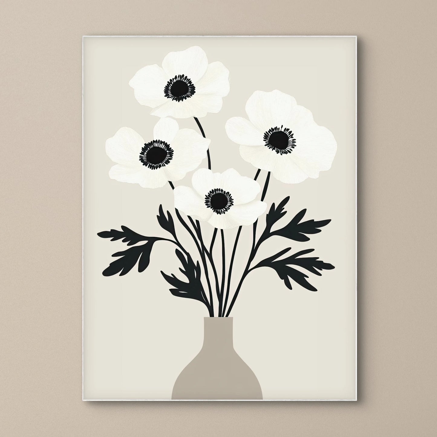 Detail van witte bloemen met zwarte harten en grafische bladeren in “Zwart-Wit Bloei”
