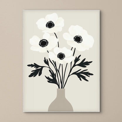 Detail van witte bloemen met zwarte harten en grafische bladeren in “Zwart-Wit Bloei”
