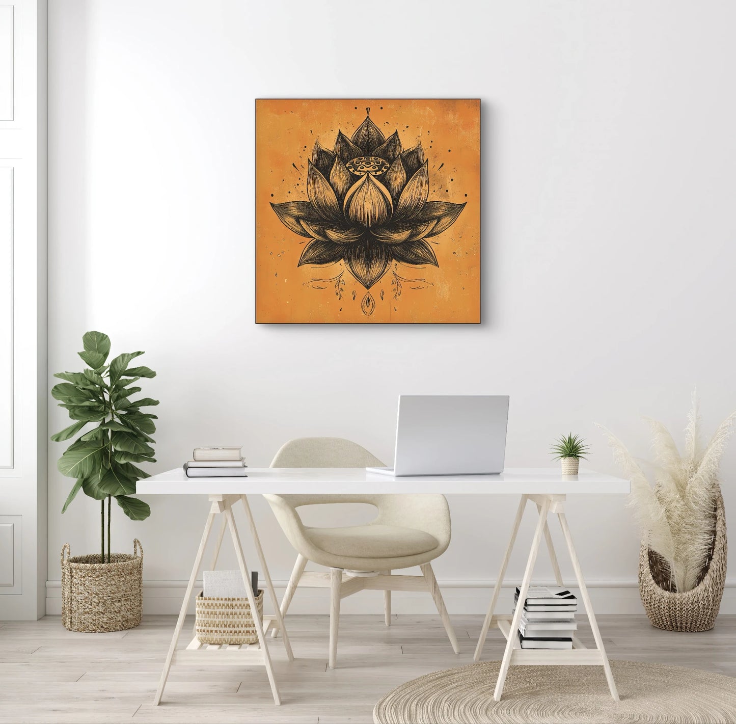 Kunstwerk met zwarte lotus en oog in het midden, aan een witte muur boven een minimalistisch bureau met neutrale inrichting
