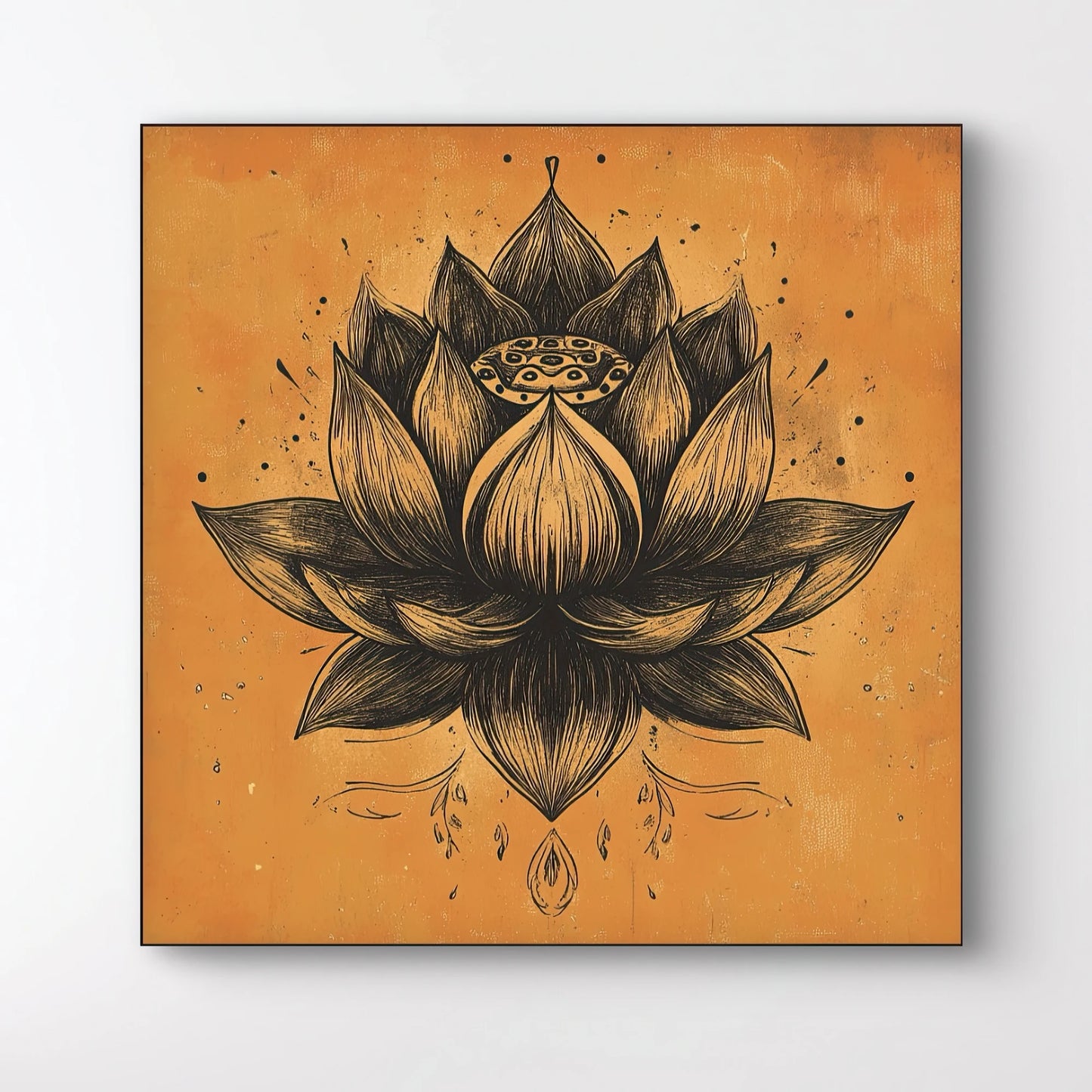 Detail van zwarte lotus met het alziend oog in het hart, tegen een oranje achtergrond vol textuur
