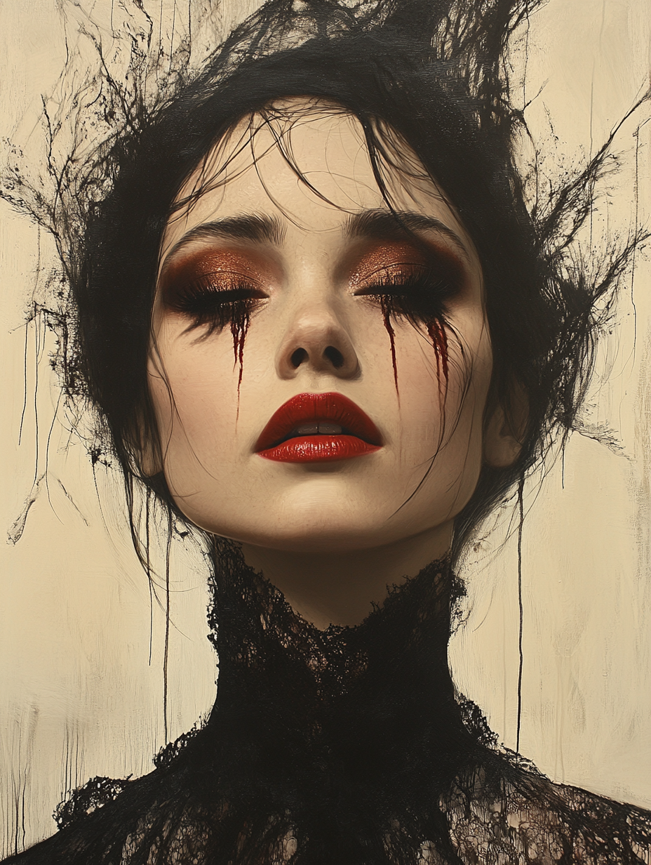 Volledig portret van vrouw met rode lippen en zwarte accenten, moderne wanddecoratie met krachtige uitstraling en artistieke diepte.
