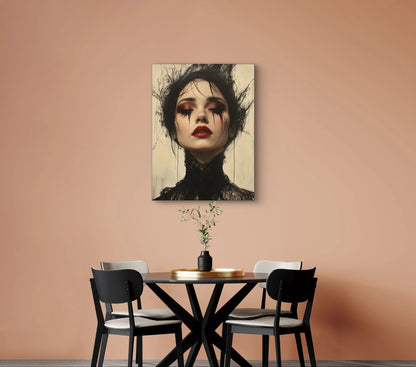 Expressief vrouwelijk portret met rode lippen en zwarte details boven een ronde eettafel, moderne wanddecoratie in warme interieurkleuren.
