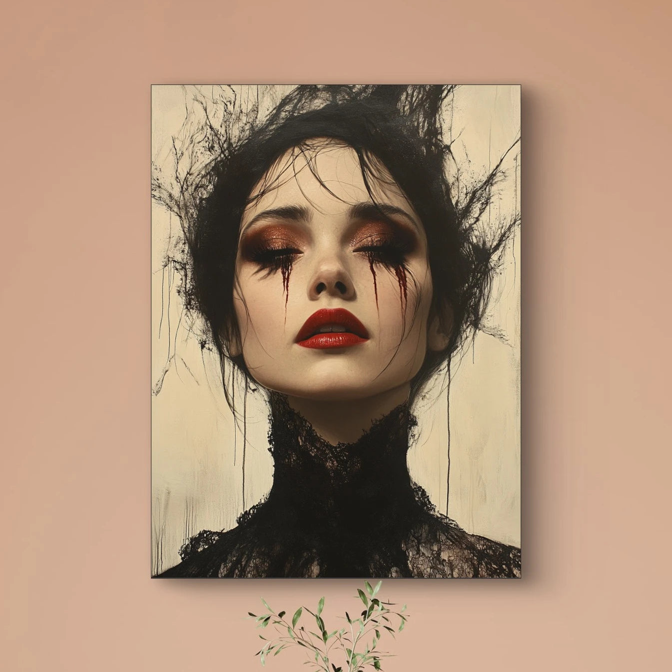 Detail van expressief vrouwelijk portret met intense blik, rode lippen en verfijnde donkere textuur.
