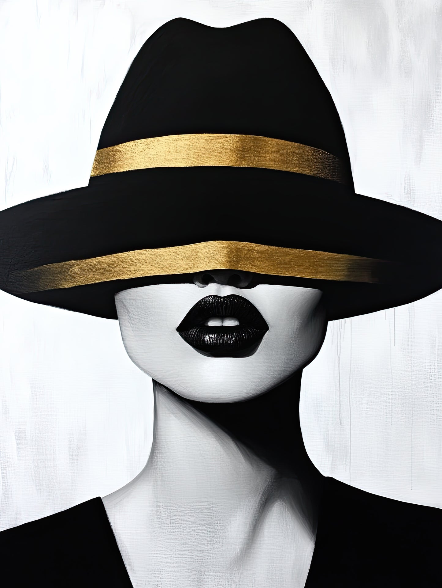 Volledige weergave van ZwartenGoud, minimalistisch portret met zwarte hoed en gouden detail
