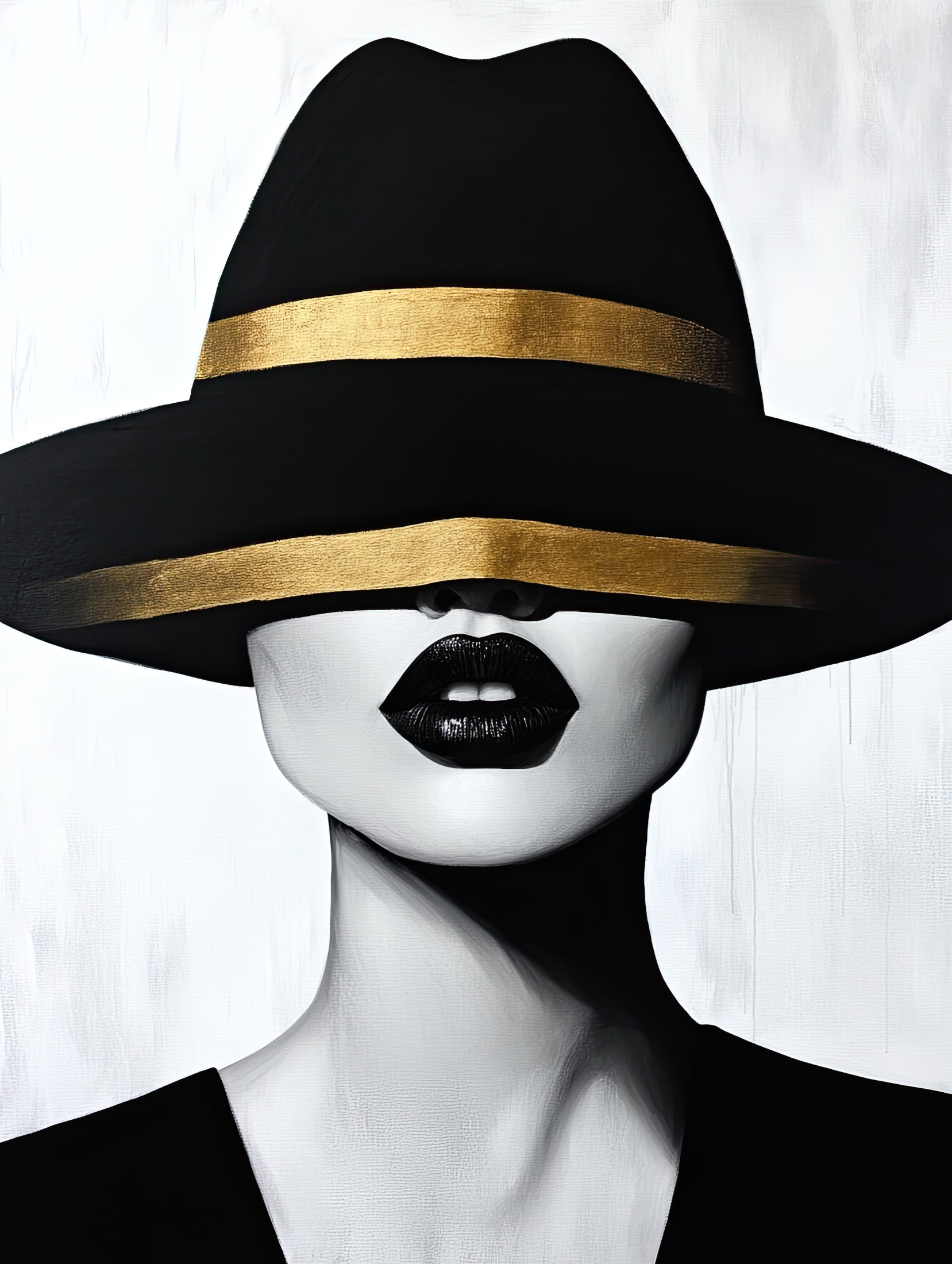 Volledige weergave van ZwartenGoud, minimalistisch portret met zwarte hoed en gouden detail
