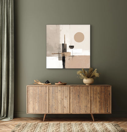 Abstract kunstwerk in beige, zand en zwart tonen boven houten dressoir

