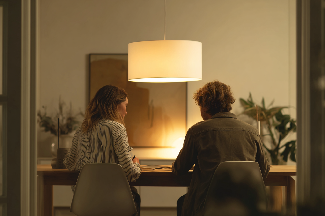 Twee mensen in gesprek aan tafel in sfeervol verlichte ruimte – een moment van rust, verbinding en inspiratie.

